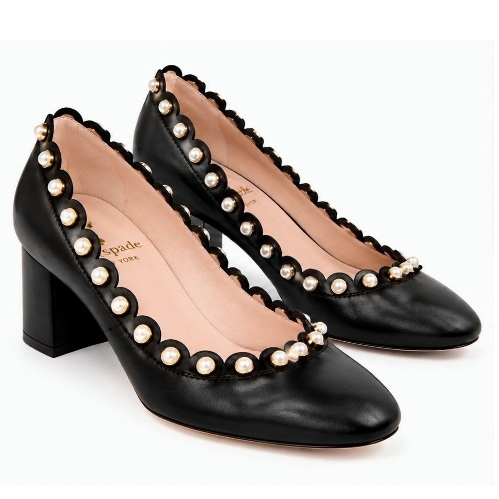 Kate Spade Pearl Scalloped Block Heel Pumps Black Leather Elegant Women Size 9